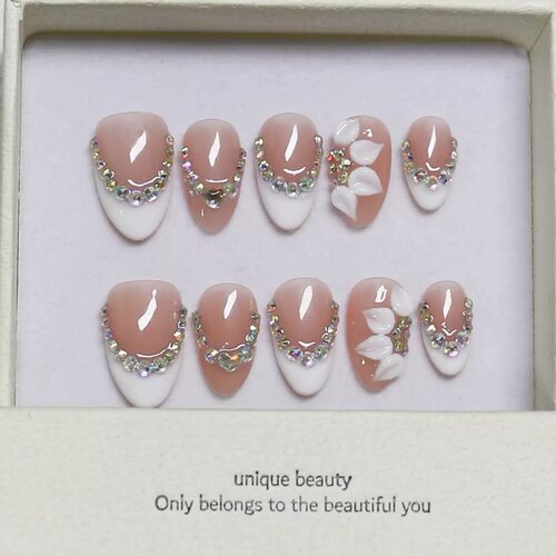 Nude White French Rhinestone 3D Leaf Almond Press On Nails