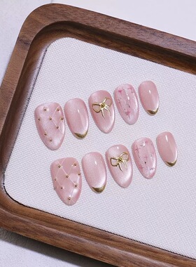 Pink Cat Eye Gold Bow Wire French Almond Press On Nails