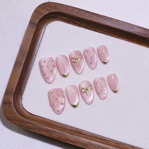 Pink Cat Eye Gold Bow Wire French Almond Press On Nails