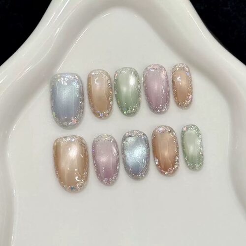 Short Round Multicolor Cat Eye Glitter Edge Press On Nails
