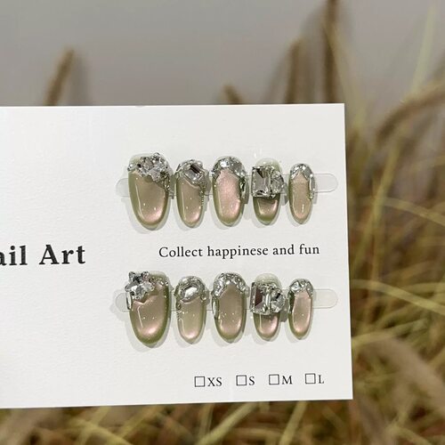 Olive Green Cat Eye Broken Diamond Press On Nails