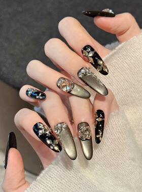 Black Metallic Cat Eye Rhinestone Almond Press On Nails