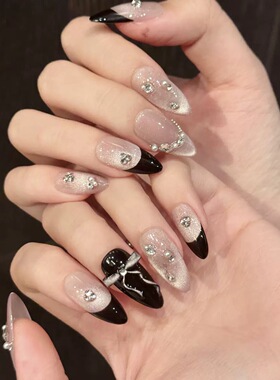 Black French Tip Bow Rhinestone Stiletto Press On Nails