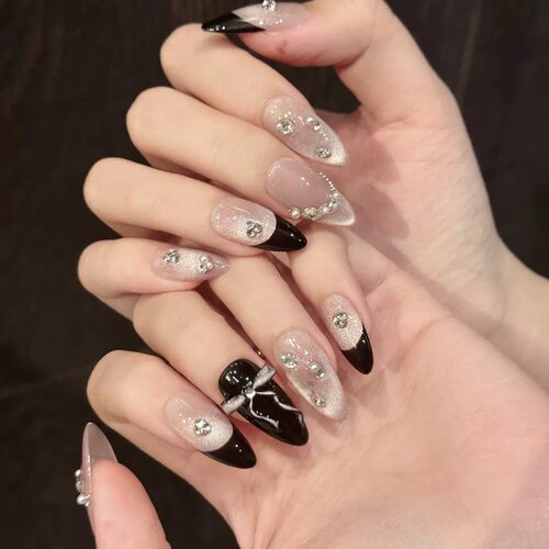 Black French Tip Bow Rhinestone Stiletto Press On Nails