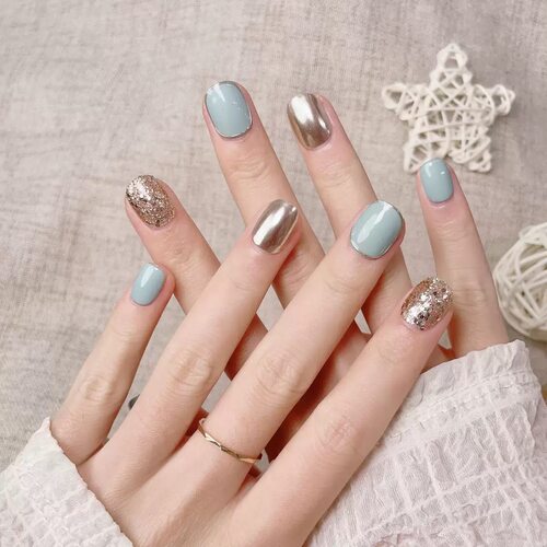 Light Blue Metallic Silver Glitter Simple Press On Nails