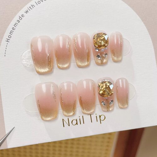 Nude Gold Ombre Champagne Crystal Press On Nails