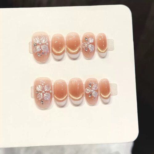 Peach Cat Eye French Tip 3D Flower Press On Nails