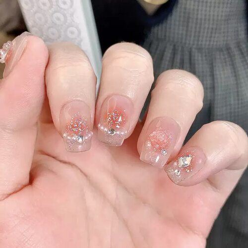 Peach Glitter Rose Rhinestone Short Coffin Nails