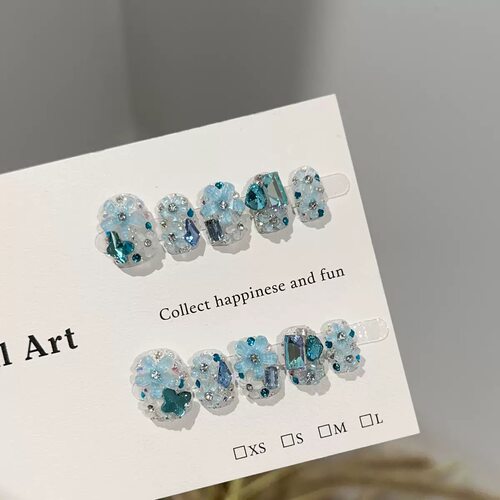 Blue 3D Flower Rhinestone Handmade Press On Nails
