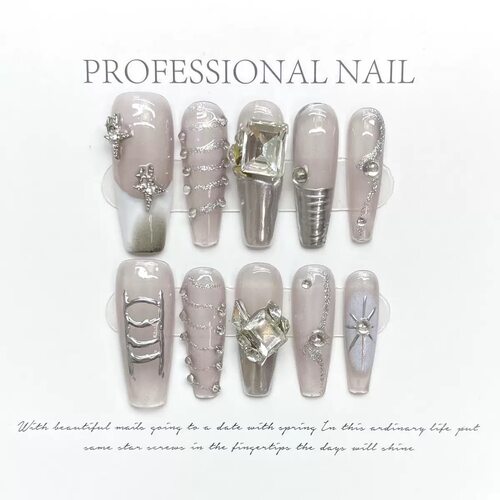 Nude Silver 3D Rhinestone Press On Nails