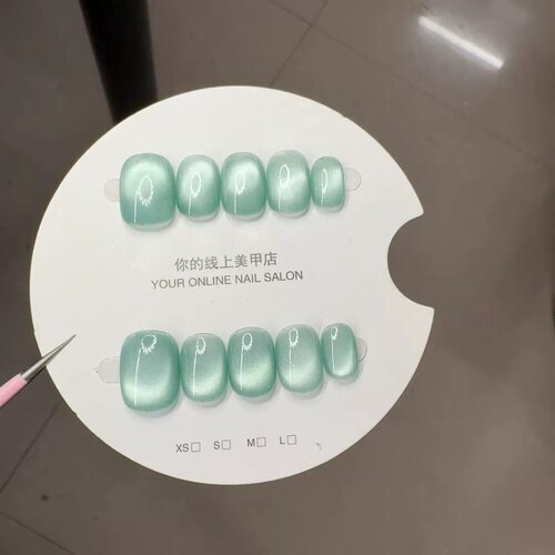 Glossy Mint Green Cat Eye Short Square Press On Nails