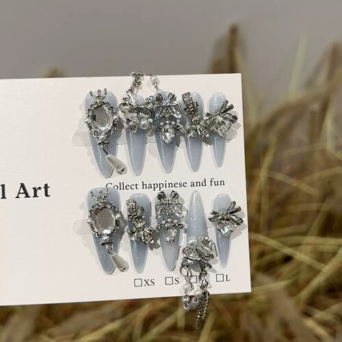 Light Blue Bow Pearl Tassel Press On Nails
