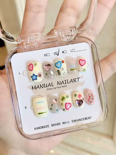 Cute Heart Star Rhinestone Handmade Short Press On Nails