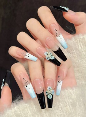 Blue Ombre Black Floral Coffin Press On Nails