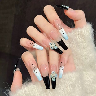 Blue Ombre Black Floral Coffin Press On Nails