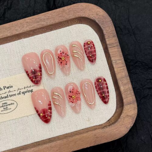 Red Floral Gold Line Almond Press On Nails