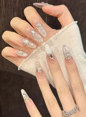 Elegant 3D Silver Shell Gem Long False Press On Nails
