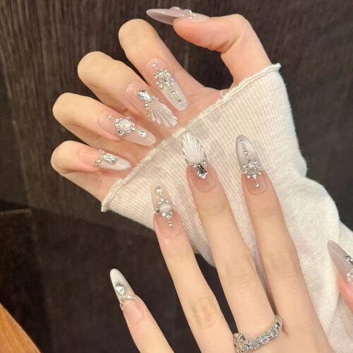 Elegant 3D Silver Shell Gem Long False Press On Nails
