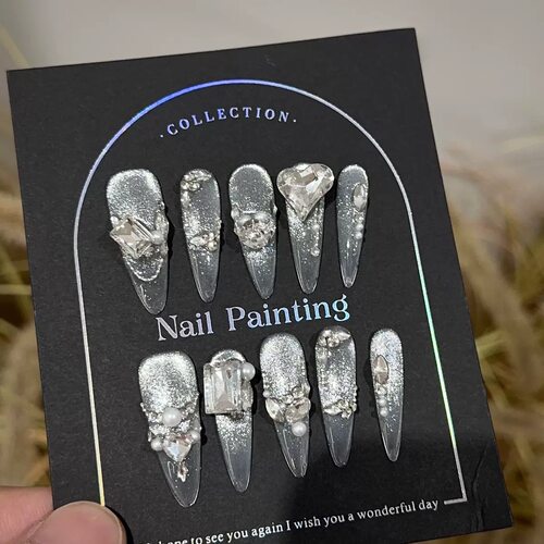 Silver Cat Eye Rhinestone Press On Nails