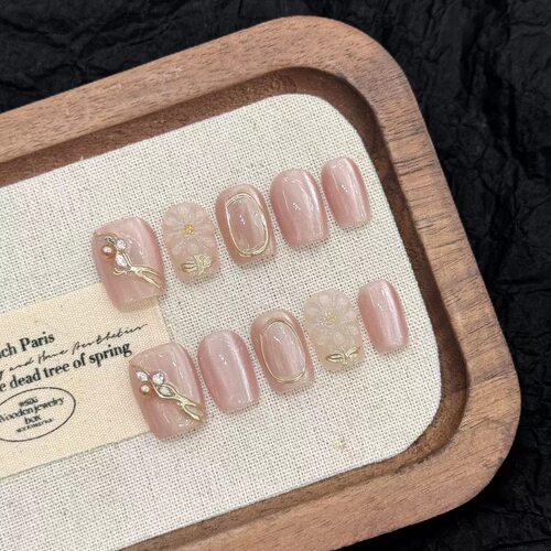 Sweet Light Pink Cat Eye 3D Flower Press On Nails