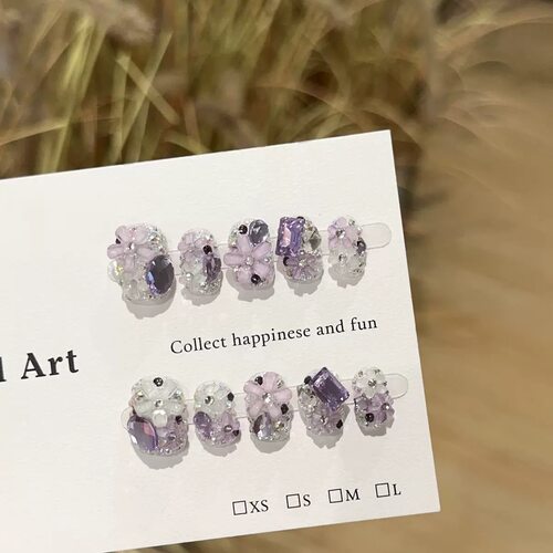 Purple 3D Flower Rhinestone Handmade Press On Nails
