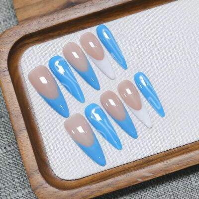 Handmade Blue Press-On Nails 清新蓝白撞色纯手工穿戴甲欧美