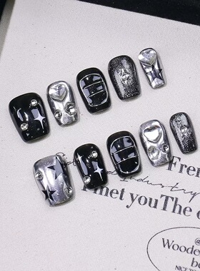 Star Heart Black Silver Square Press On Nails