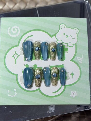 Teal Cat Eye Metal Strip Gem Decor Coffin Press On Nails