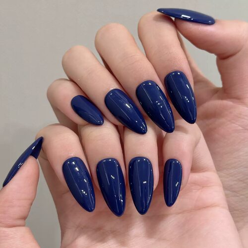 Handmade Long Almond Solid Navy Blue Fake Nails
