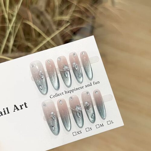 Nude Silver Gradient Rhinestone Press On Nails