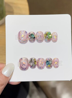 Pink Glitter Star Short Press On Nails