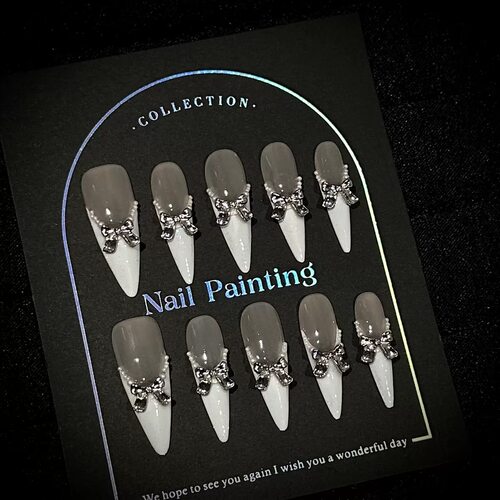 White French Silver Bow Pearl Press On Nails