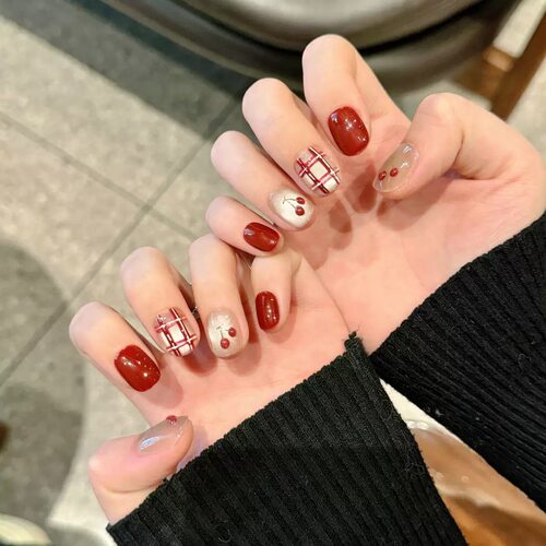 Red Cherry Grid Cat Eye Press On Nails