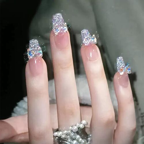 Purple Glitter Bow Coffin Press On Nails