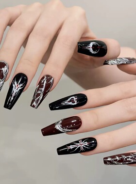 Gothic Silver Thorn Press On Nails Dark Red Black Nail Art