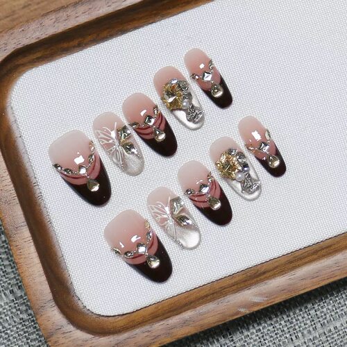 Dark Pink French Butterfly Rhinestone Almond Nails