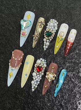 Gemstone Pearl Floral Stiletto Press On Nails