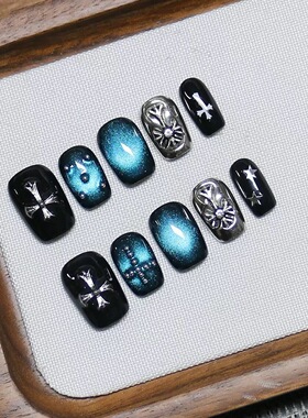 Black Teal Cat Eye Cross Star Gothic Handmade Press On Nails