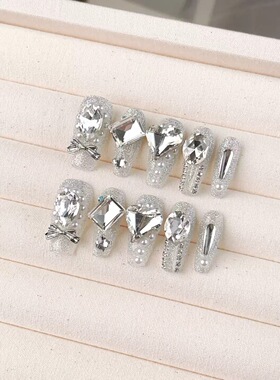 Silver Glitter Bow Big Rhinestone Handmade Press On Nails
