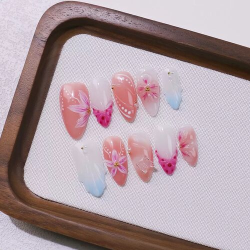 Pink Hand Painted Flower Almond Nails