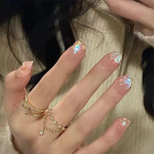 Iridescent Opal Nude Press On Nail Tips