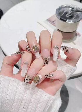White Gradient Leopard Gem Handmade False Nails