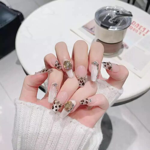 White Gradient Leopard Gem Handmade False Nails