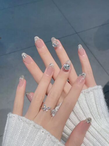 Sparkly Rhinestone Nude French Almond Press On Nails