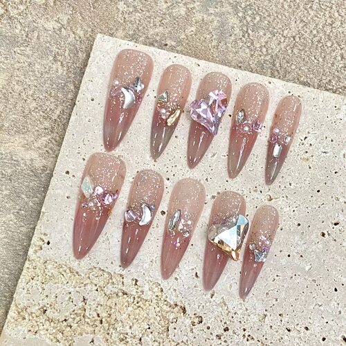 Romantic Pink Gradient Big Heart Rhinestone Press On Nails
