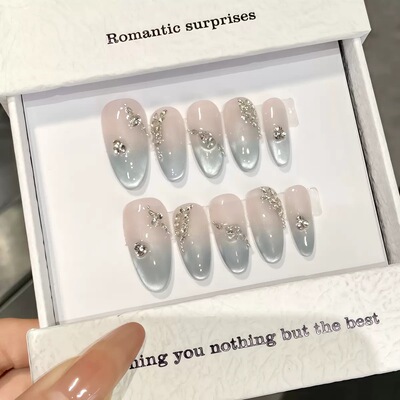 Elegant Nude Blue Gradient Cat Eye Sparkle Nail Tips