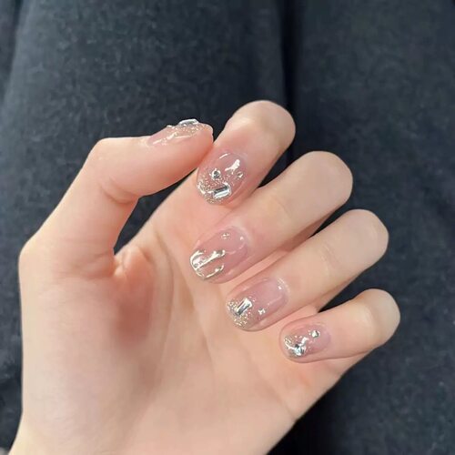 Nude Silver Glitter Rhinestone Short Square Press On Nails