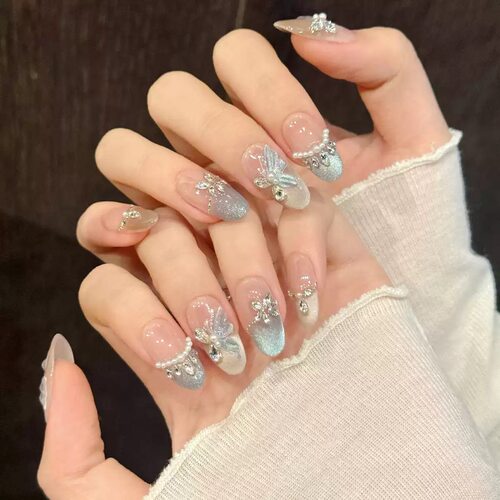 Blue Gradient Butterfly Pearl Almond Press On Nails