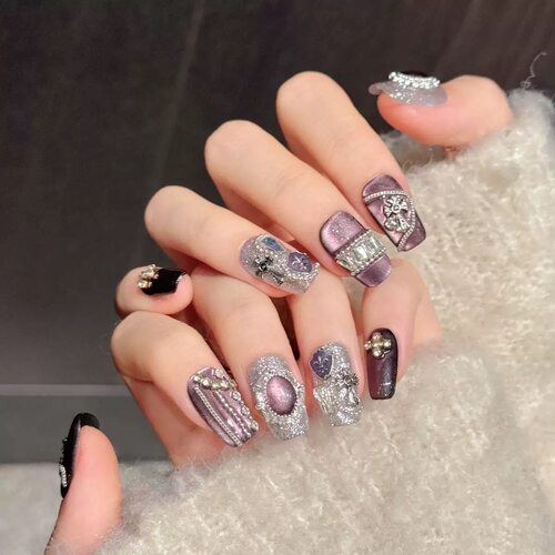 Handmade Purple Cat Eye Cross Rhinestone Coffin Nails