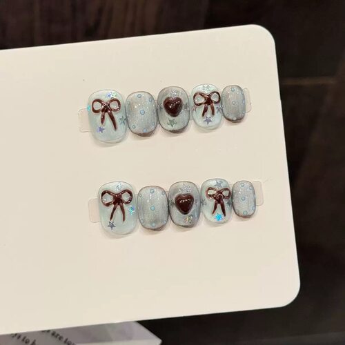 Light Blue Cat Eye 3D Bow Heart Press On Nails